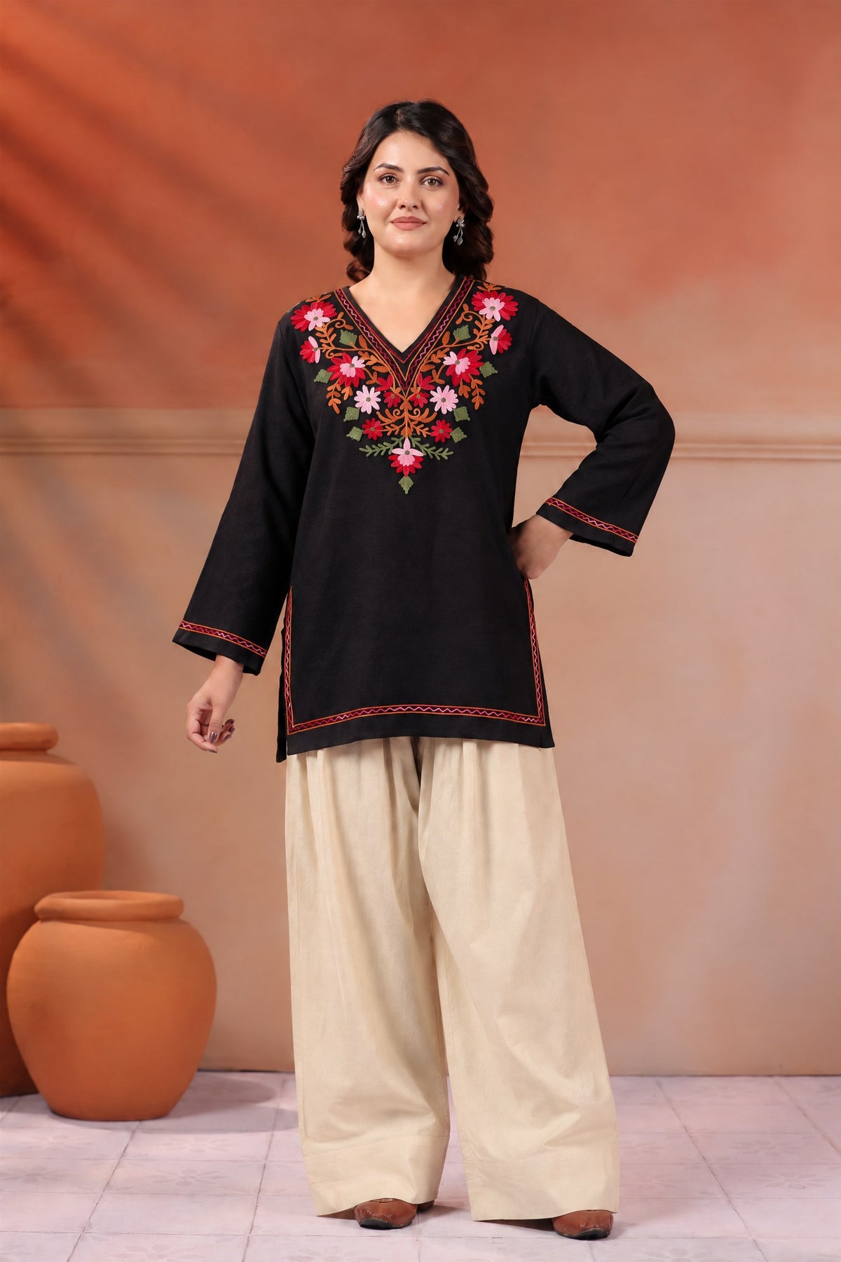 Women's Aari Floral Embroidered Woollen V-Neck Kurta | Black