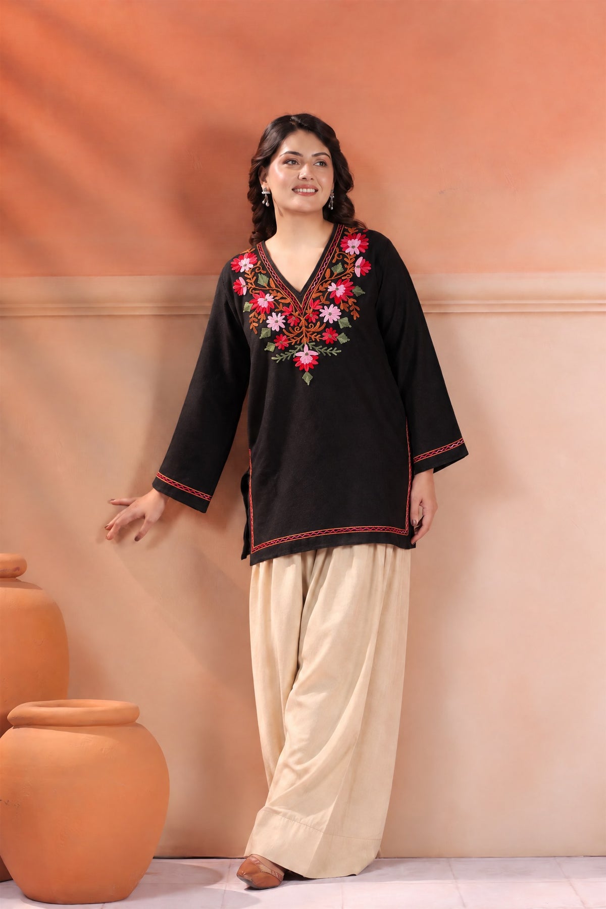 Women's Aari Floral Embroidered Woollen V-Neck Kurta | Black