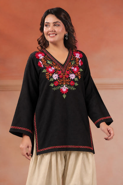 Women's Aari Floral Embroidered Woollen V-Neck Kurta | Black