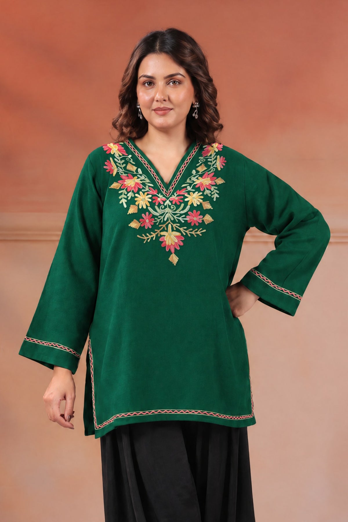 Women's Aari Floral Embroidered Woollen V-Neck Kurta | Bottle Green