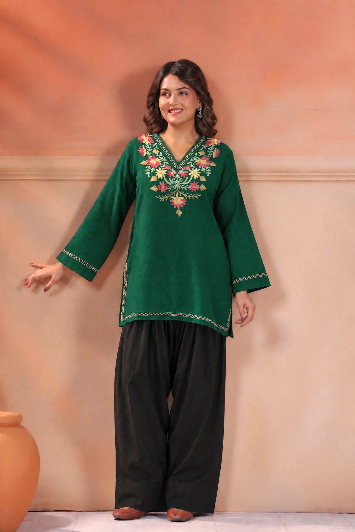 Women's Aari Floral Embroidered Woollen V-Neck Kurta | Bottle Green