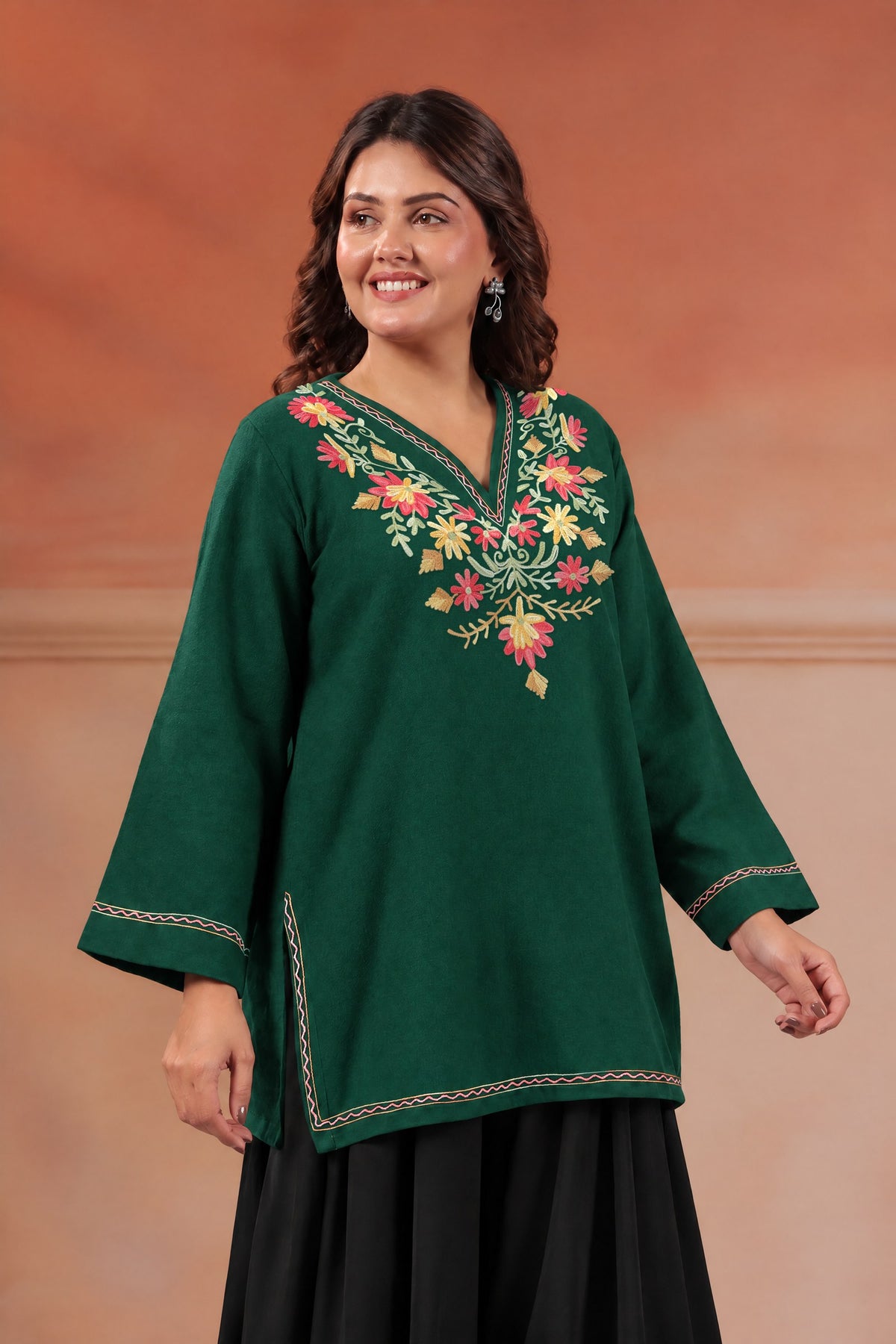 Women's Aari Floral Embroidered Woollen V-Neck Kurta | Bottle Green