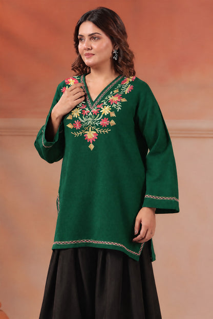 Women's Aari Floral Embroidered Woollen V-Neck Kurta | Bottle Green