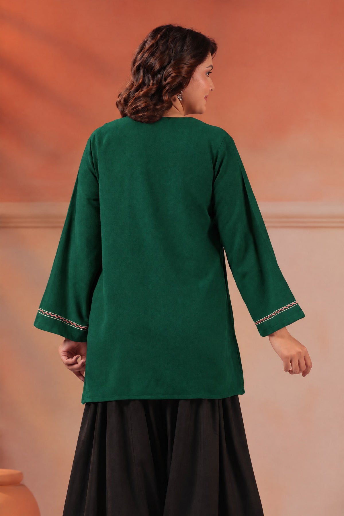 Women's Aari Floral Embroidered Woollen V-Neck Kurta | Bottle Green