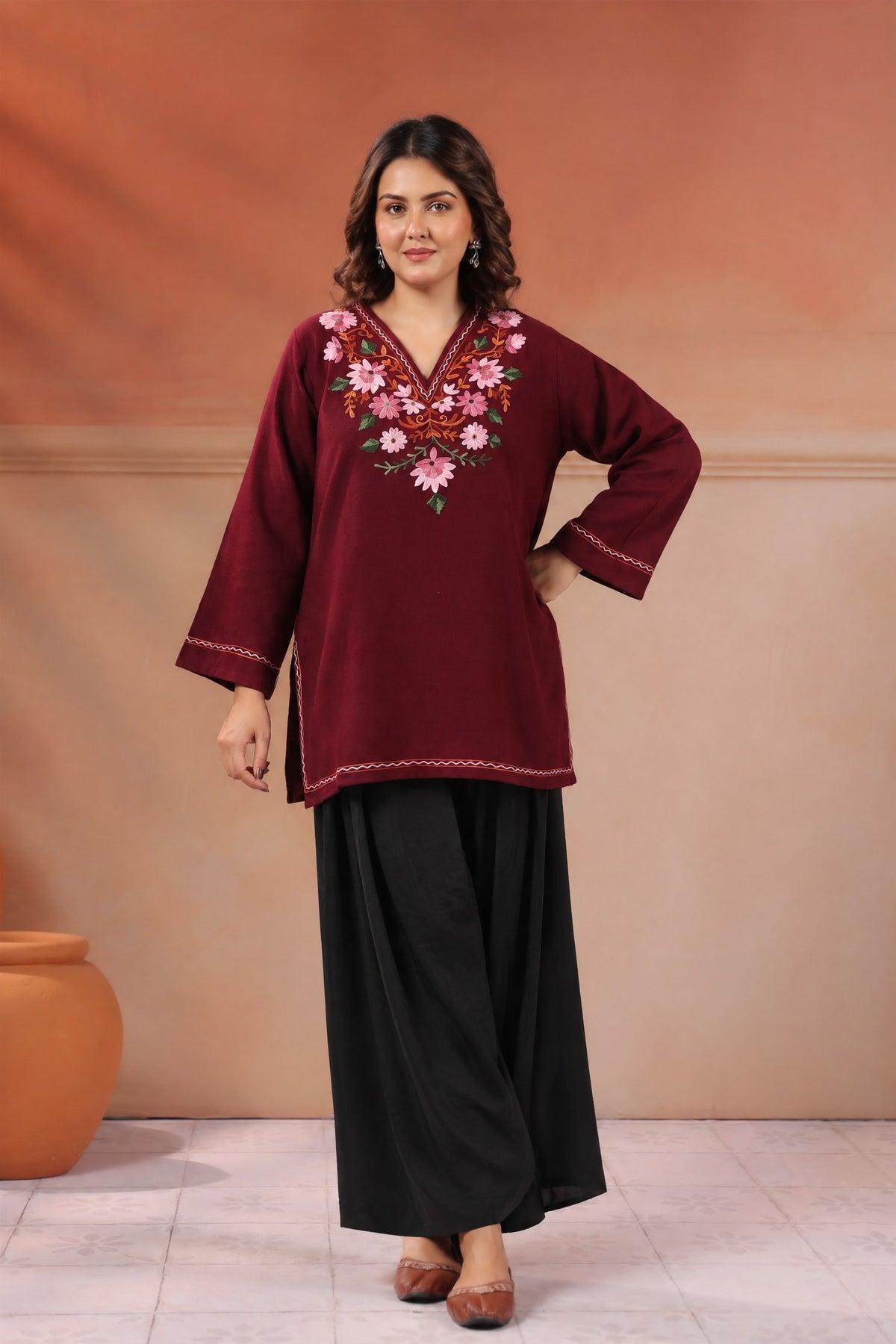 Women's Aari Floral Embroidered Woollen V-Neck Kurta | Wine