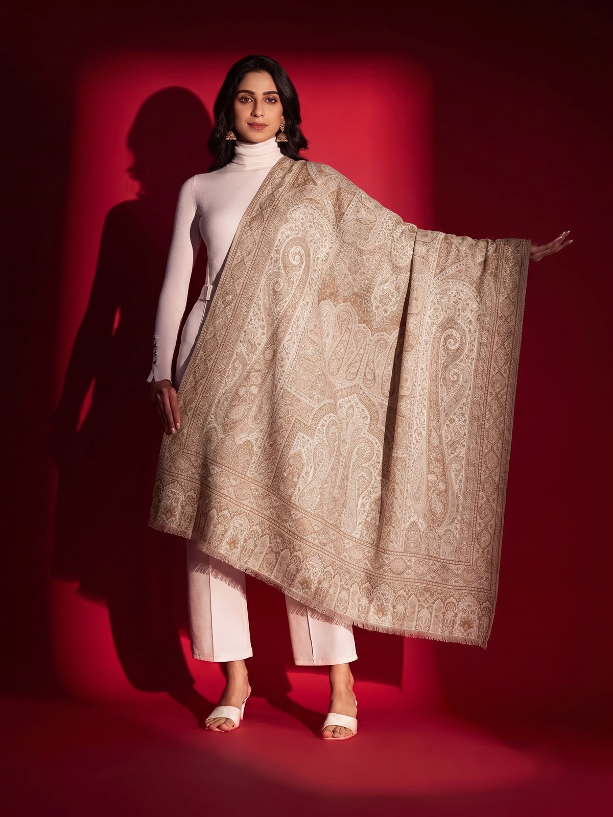Kani Woven Soft Woolen Shawl for Women | Beige