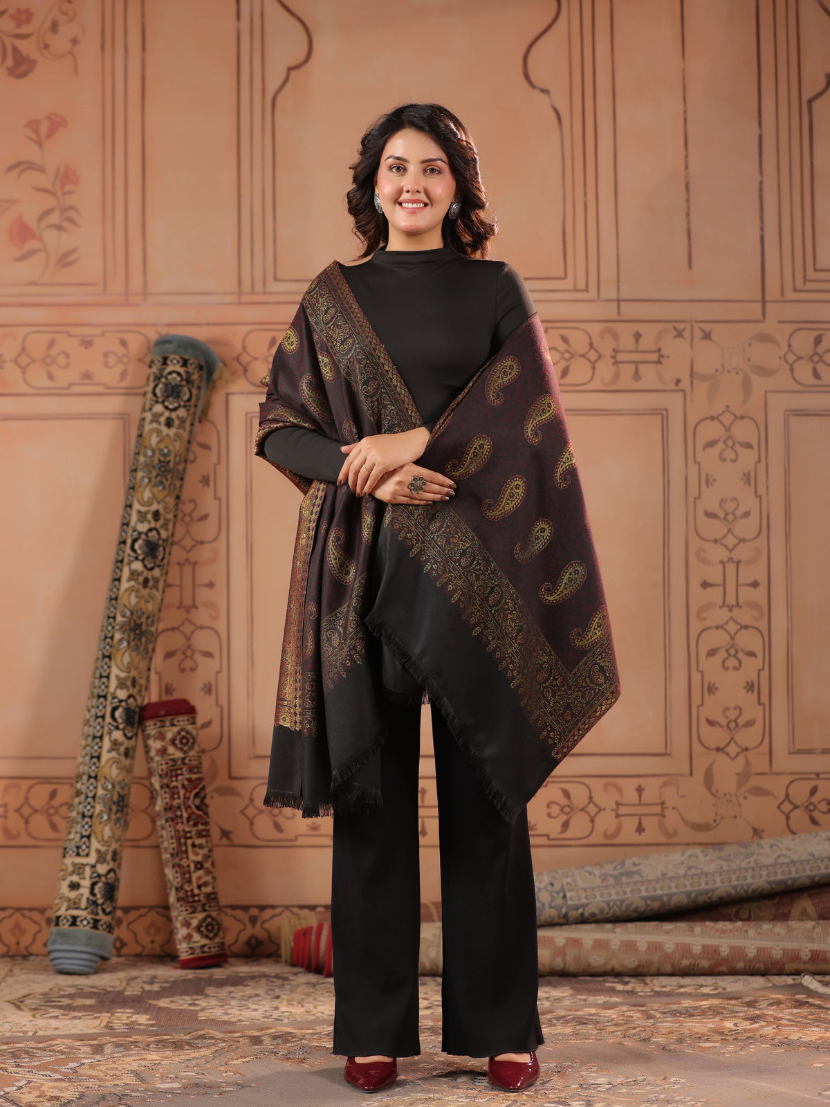Kani Zari Woven Shawl for Women | Black