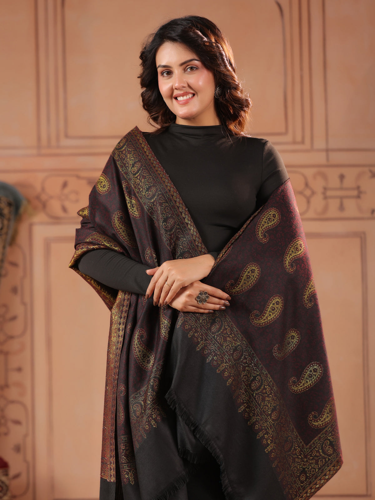 Kani Zari Woven Shawl for Women | Black