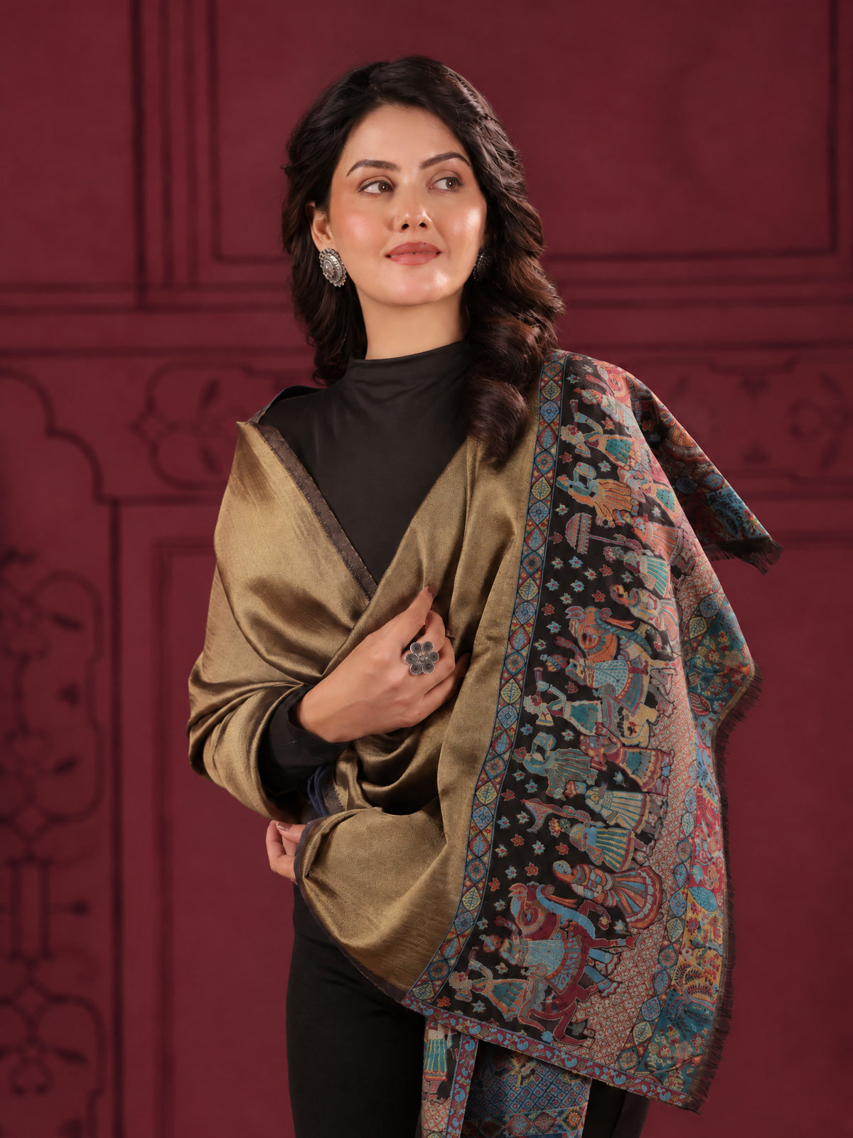 Zari Kani Darbar Woven Stole for Women | Black