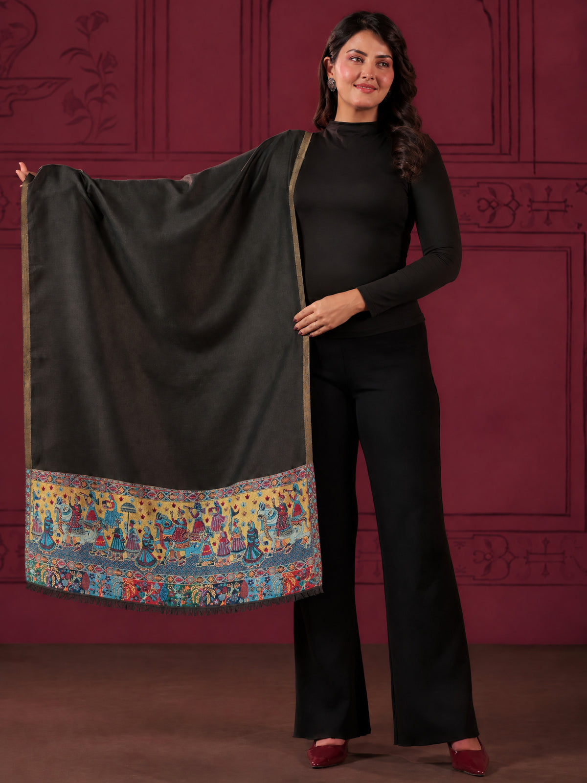 Zari Kani Darbar Woven Stole for Women | Black