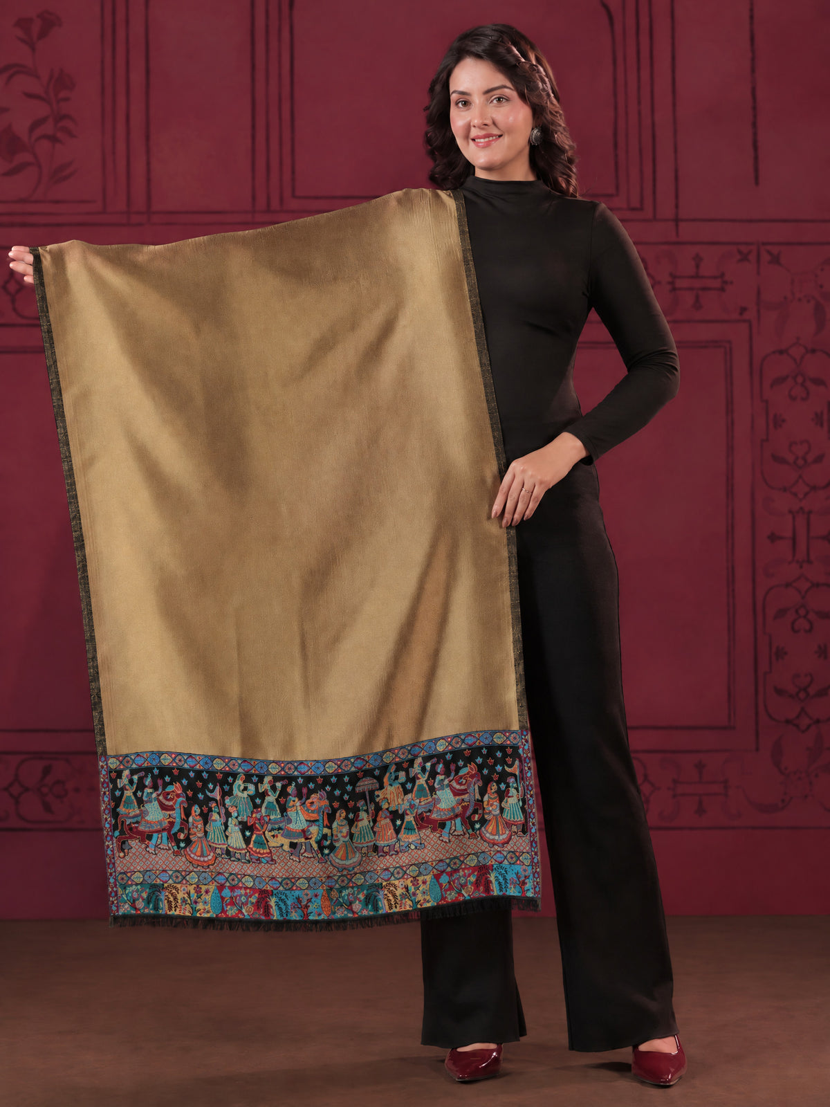 Zari Kani Darbar Woven Stole for Women | Black