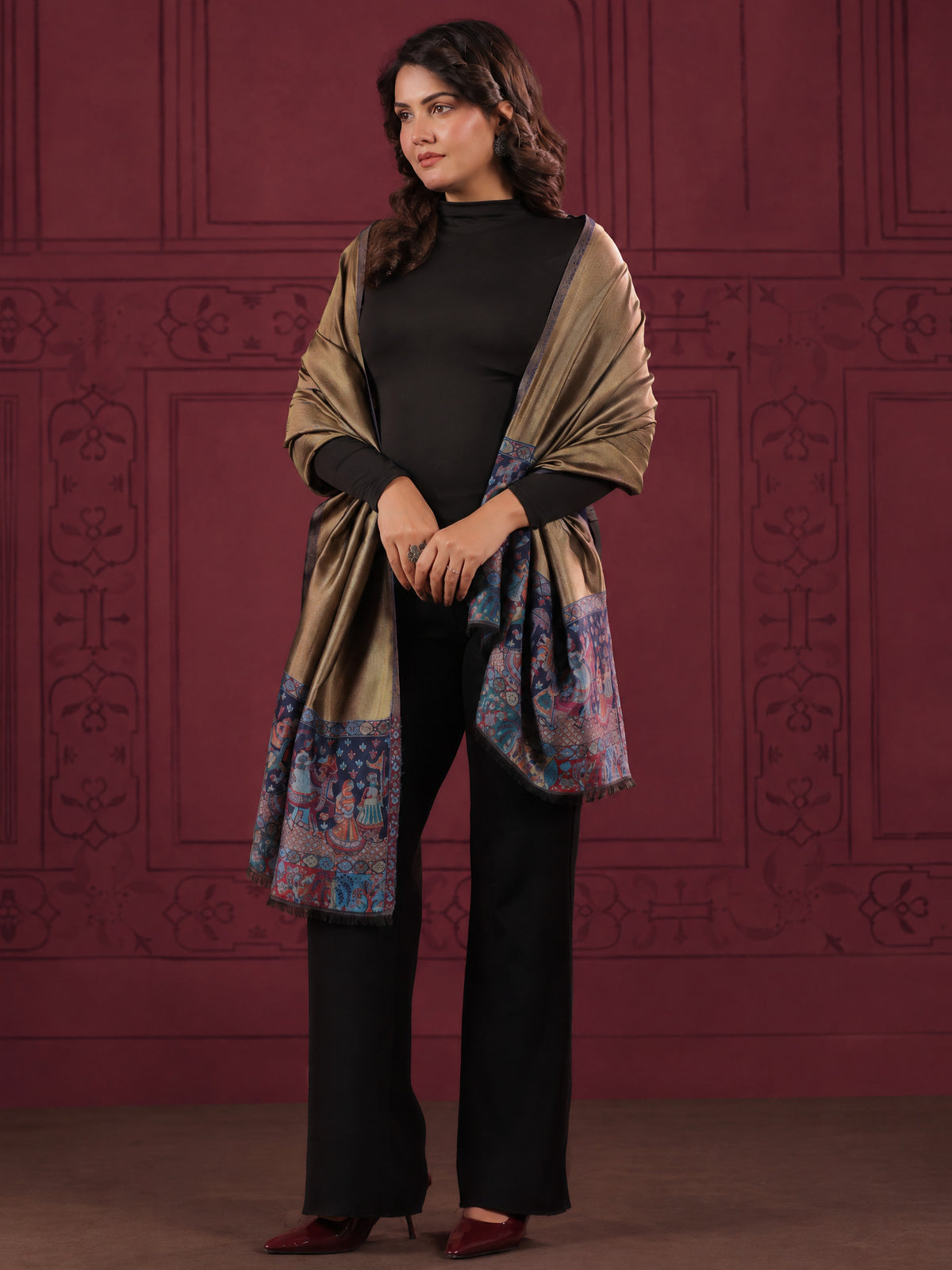 Zari Kani Darbar Woven Stole for Women | Navy Blue