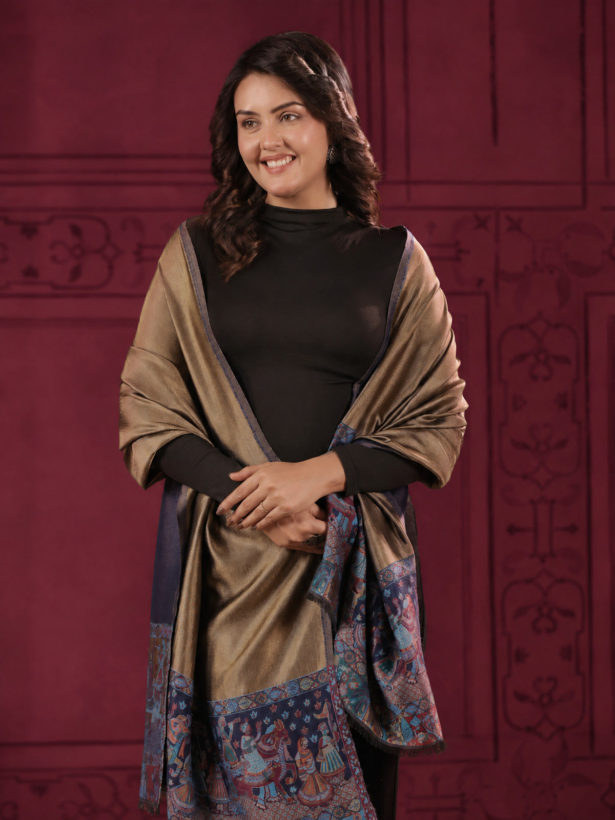 Zari Kani Darbar Woven Stole for Women | Navy Blue