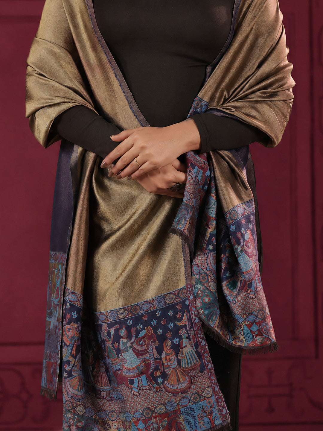 Zari Kani Darbar Woven Stole for Women | Navy Blue