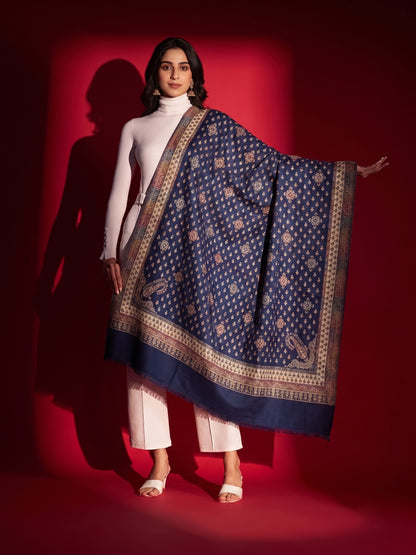 All-Over Woven Shawl with Kani Border for Women | Navy Blue