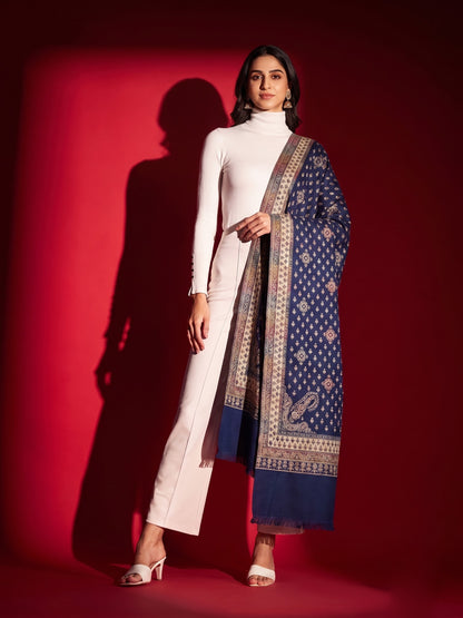 All-Over Woven Shawl with Kani Border for Women | Navy Blue