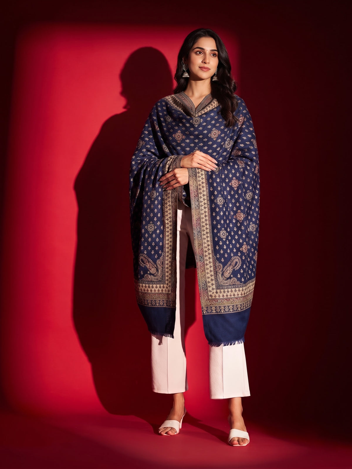 All-Over Woven Shawl with Kani Border for Women | Navy Blue