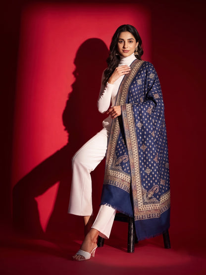 All-Over Woven Shawl with Kani Border for Women | Navy Blue