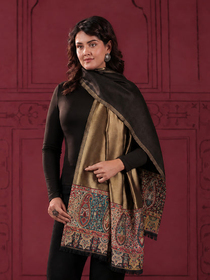 Reversible Kani Zari Stole with Paisley Jamawar Border | Black