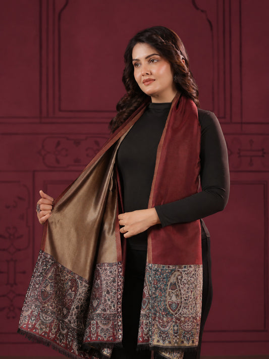 Reversible Kani Zari Stole with Paisley Jamawar Border | Maroon