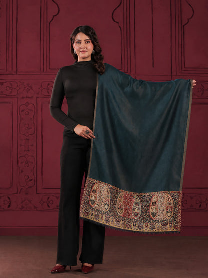 Reversible Kani Zari Stole with Paisley Jamawar Border | Teal Blue