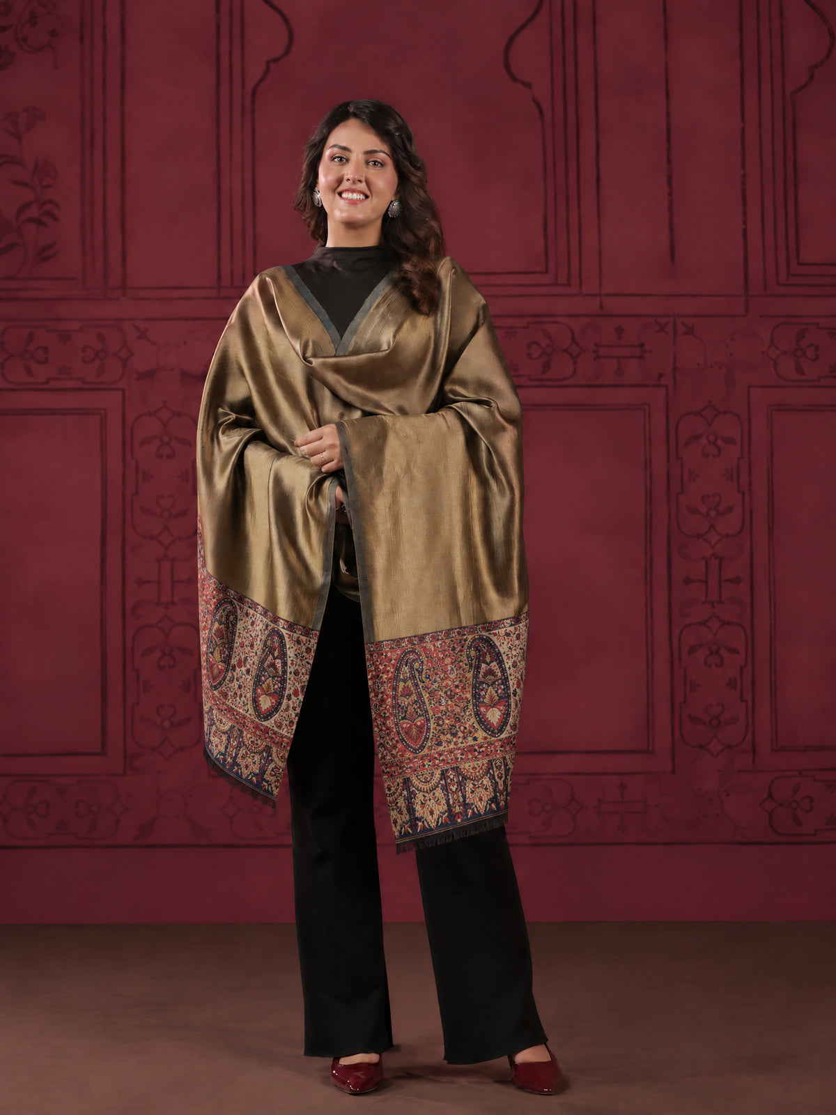 Reversible Kani Zari Stole with Paisley Jamawar Border | Teal Blue