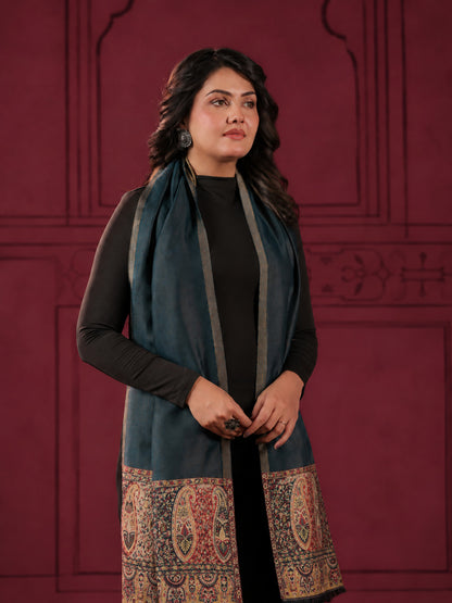 Reversible Kani Zari Stole with Paisley Jamawar Border | Teal Blue