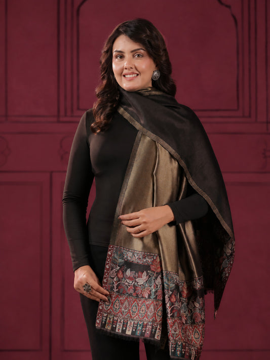 Reversible Kani Zari Stole with Floral Jamawar Border | Black
