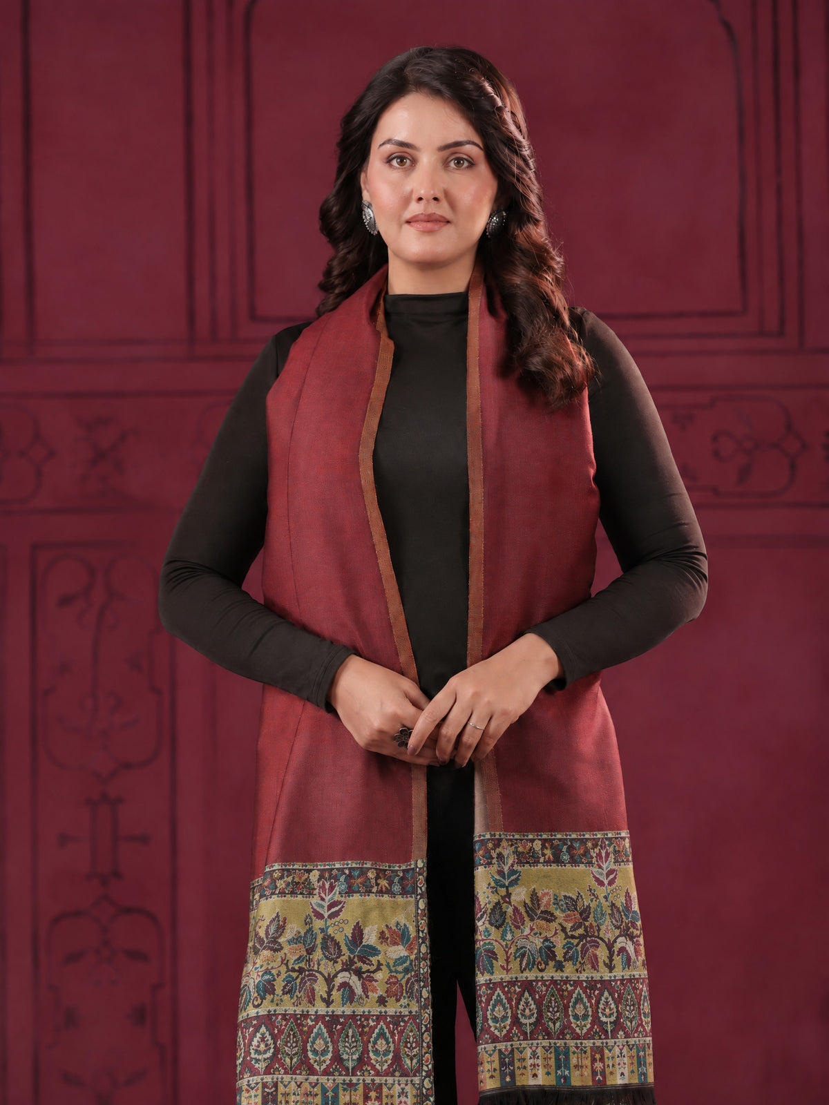 Reversible Kani Zari Stole with Floral Jamawar Border | Maroon