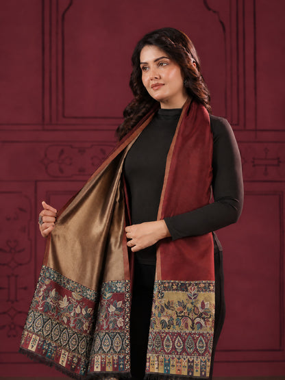 Reversible Kani Zari Stole with Floral Jamawar Border | Maroon