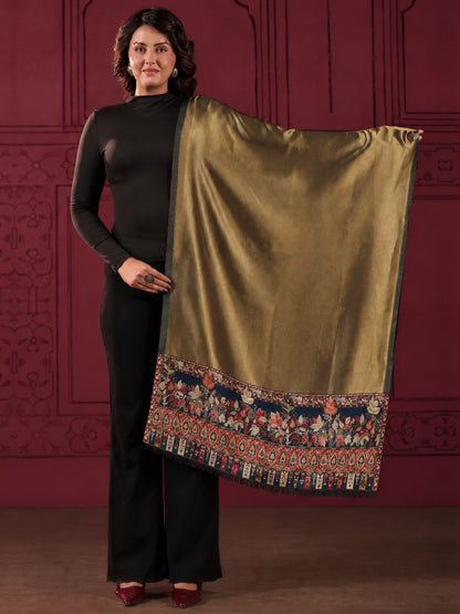 Reversible Kani Zari Stole with Floral Jamawar Border | Teal Blue