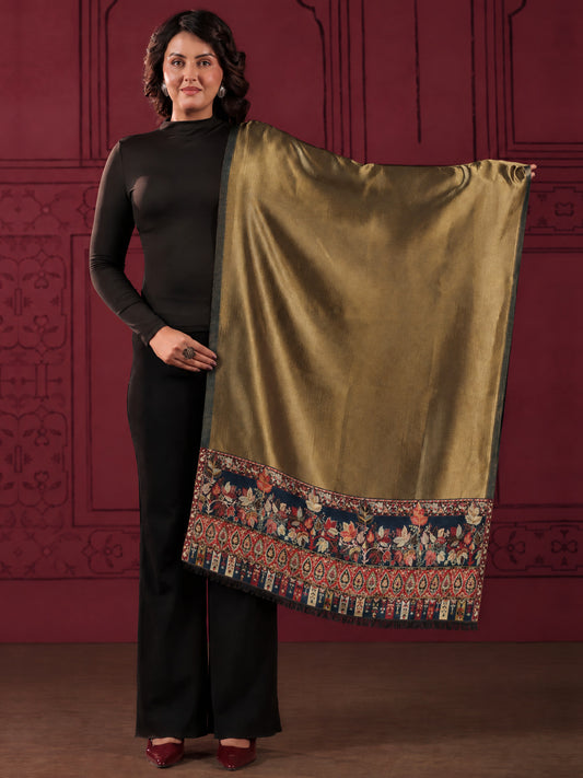 Reversible Kani Zari Stole with Floral Jamawar Border | Teal Blue