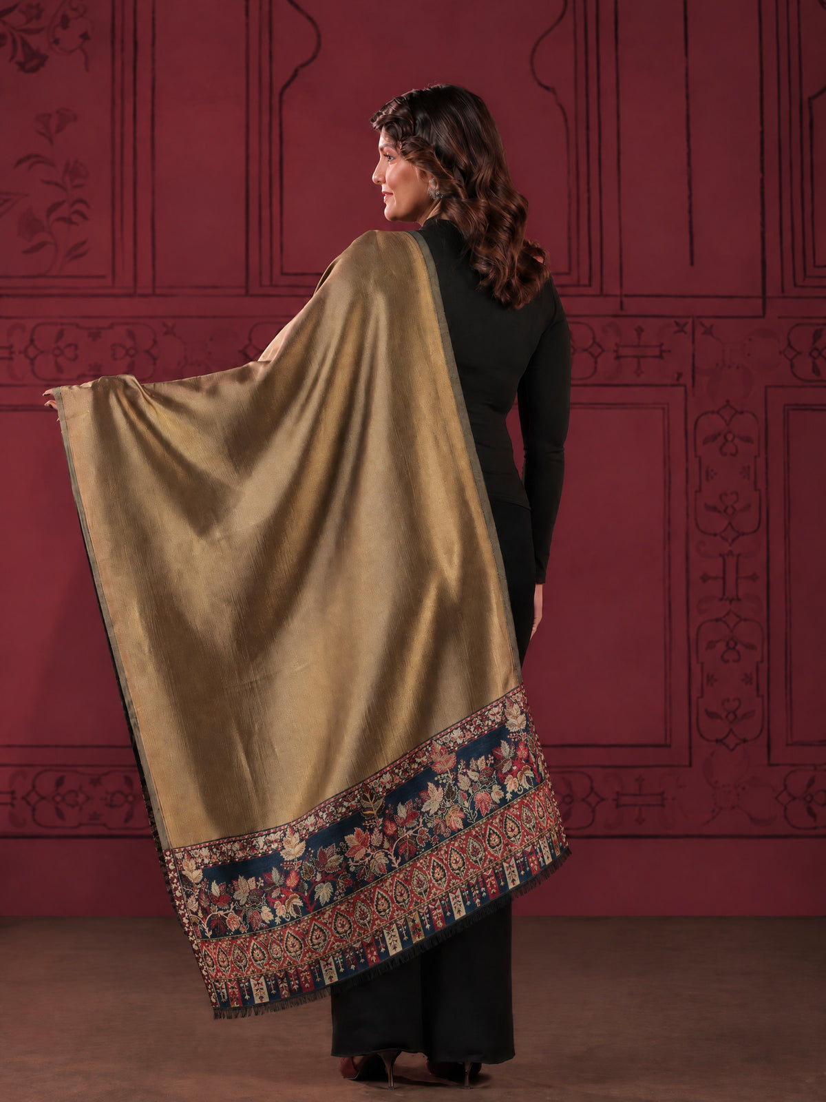 Reversible Kani Zari Stole with Floral Jamawar Border | Teal Blue