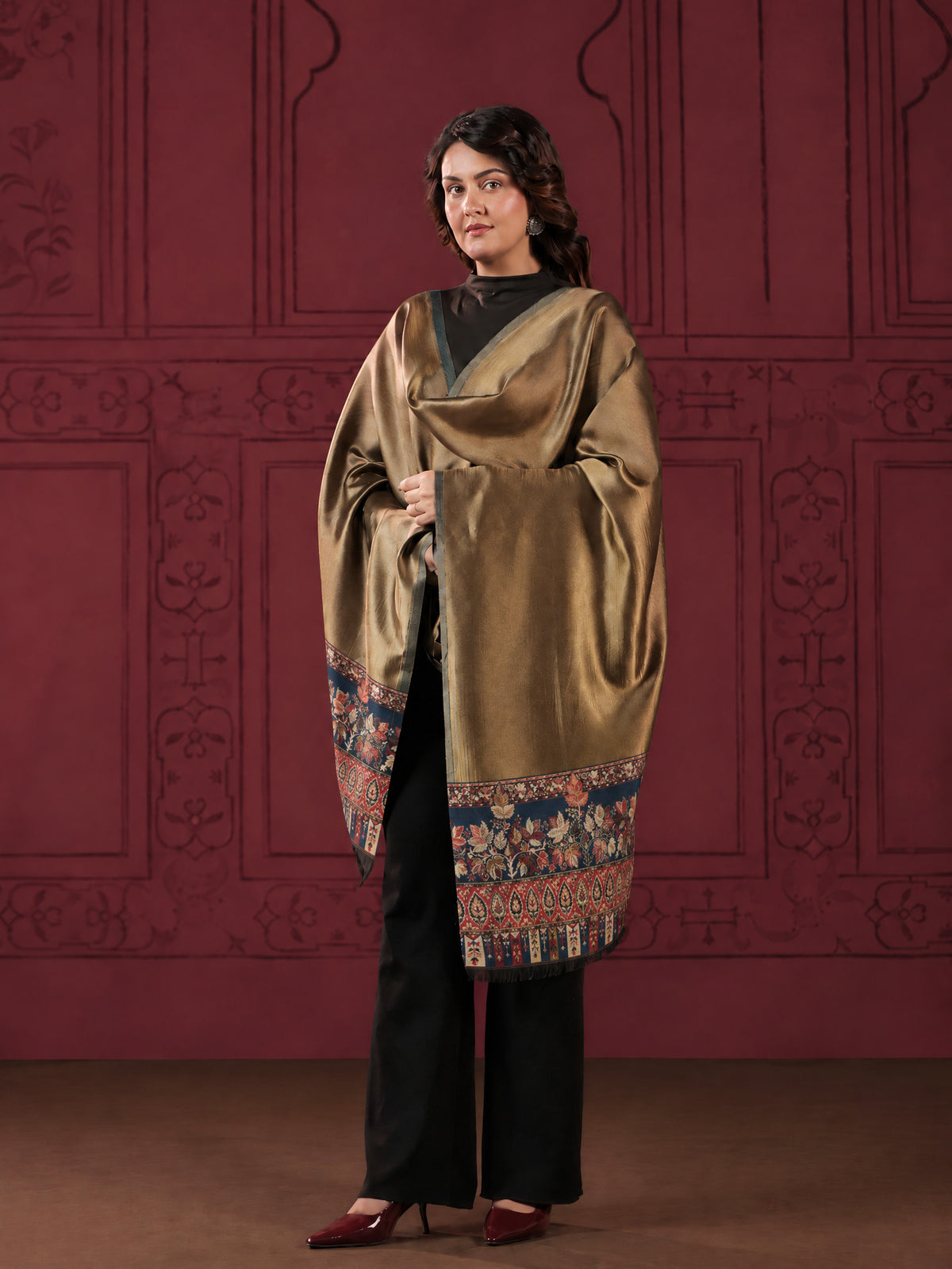 Reversible Kani Zari Stole with Floral Jamawar Border | Teal Blue