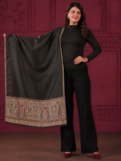 Reversible Kani Zari Stole with Big Paisley Jamawar Border | Black