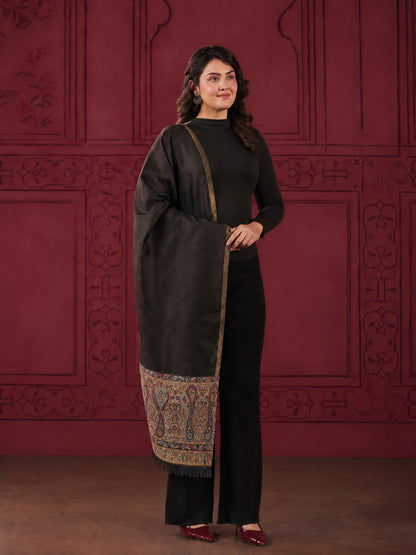 Reversible Kani Zari Stole with Big Paisley Jamawar Border | Black