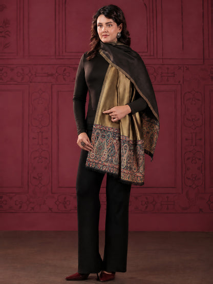 Reversible Kani Zari Stole with Big Paisley Jamawar Border | Black