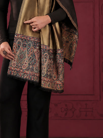 Reversible Kani Zari Stole with Big Paisley Jamawar Border | Black
