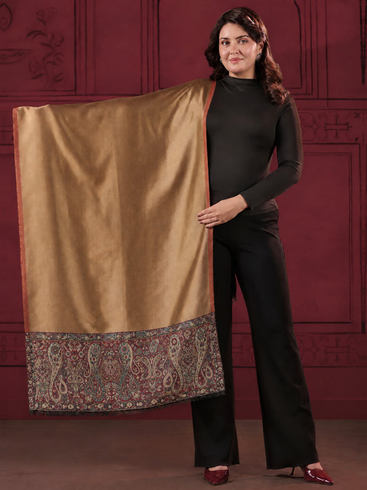 Reversible Kani Zari Stole with Big Paisley Jamawar Border | Maroon