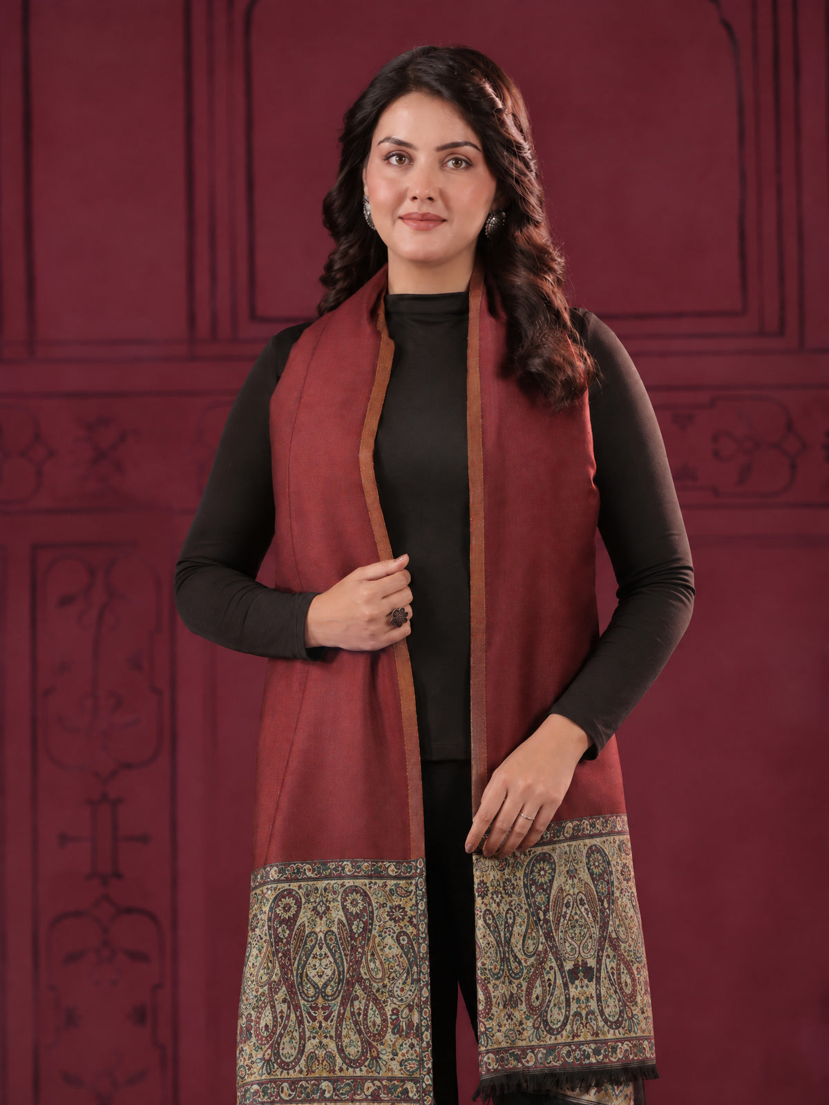 Reversible Kani Zari Stole with Big Paisley Jamawar Border | Maroon
