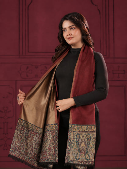 Reversible Kani Zari Stole with Big Paisley Jamawar Border | Maroon