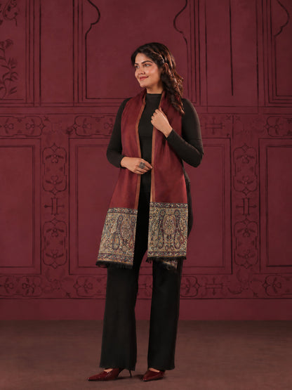 Reversible Kani Zari Stole with Big Paisley Jamawar Border | Maroon