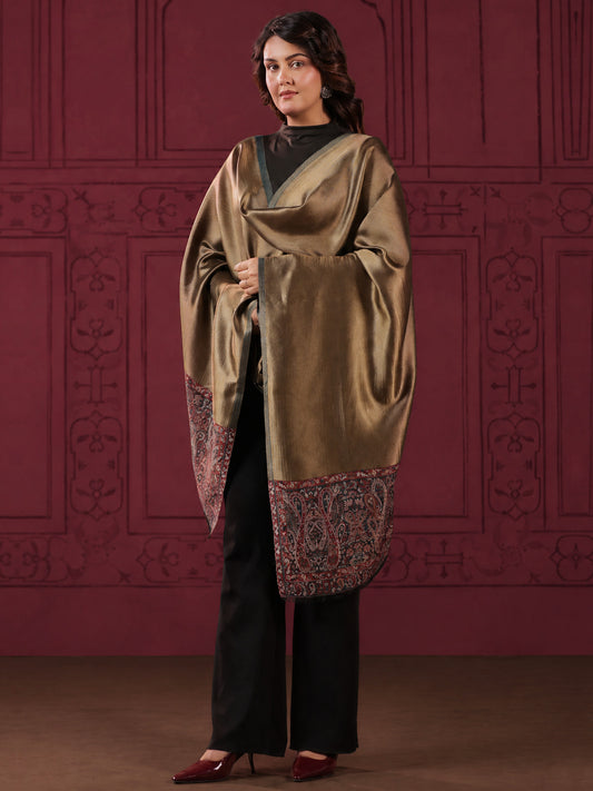 Reversible Kani Zari Stole with Big Paisley Jamawar Border | Teal Blue