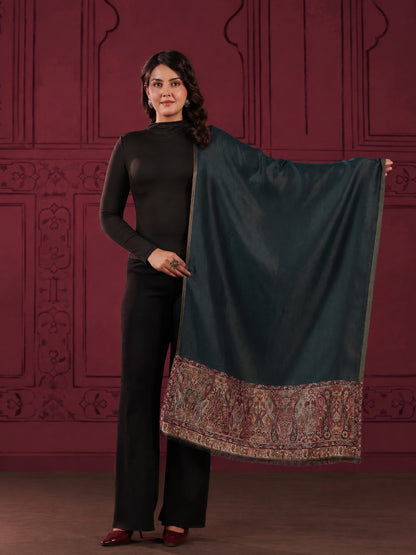 Reversible Kani Zari Stole with Big Paisley Jamawar Border | Teal Blue