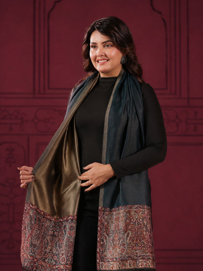 Reversible Kani Zari Stole with Big Paisley Jamawar Border | Teal Blue