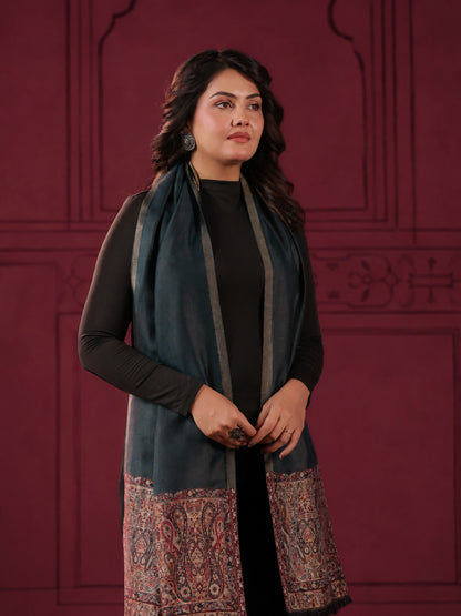 Reversible Kani Zari Stole with Big Paisley Jamawar Border | Teal Blue