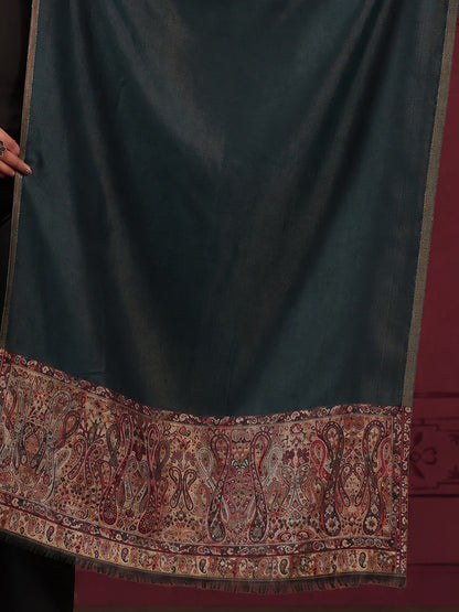 Reversible Kani Zari Stole with Big Paisley Jamawar Border | Teal Blue