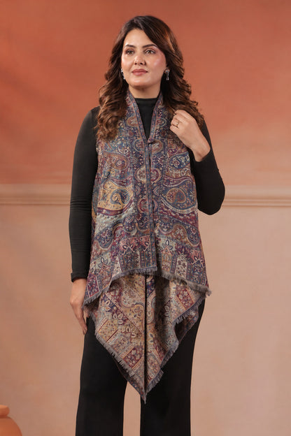 Women's Sleeveless Jamawar Pattern Shrug Cardigan | Blue Multicolour