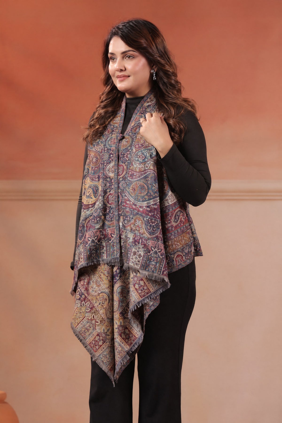 Women's Sleeveless Jamawar Pattern Shrug Cardigan | Blue Multicolour