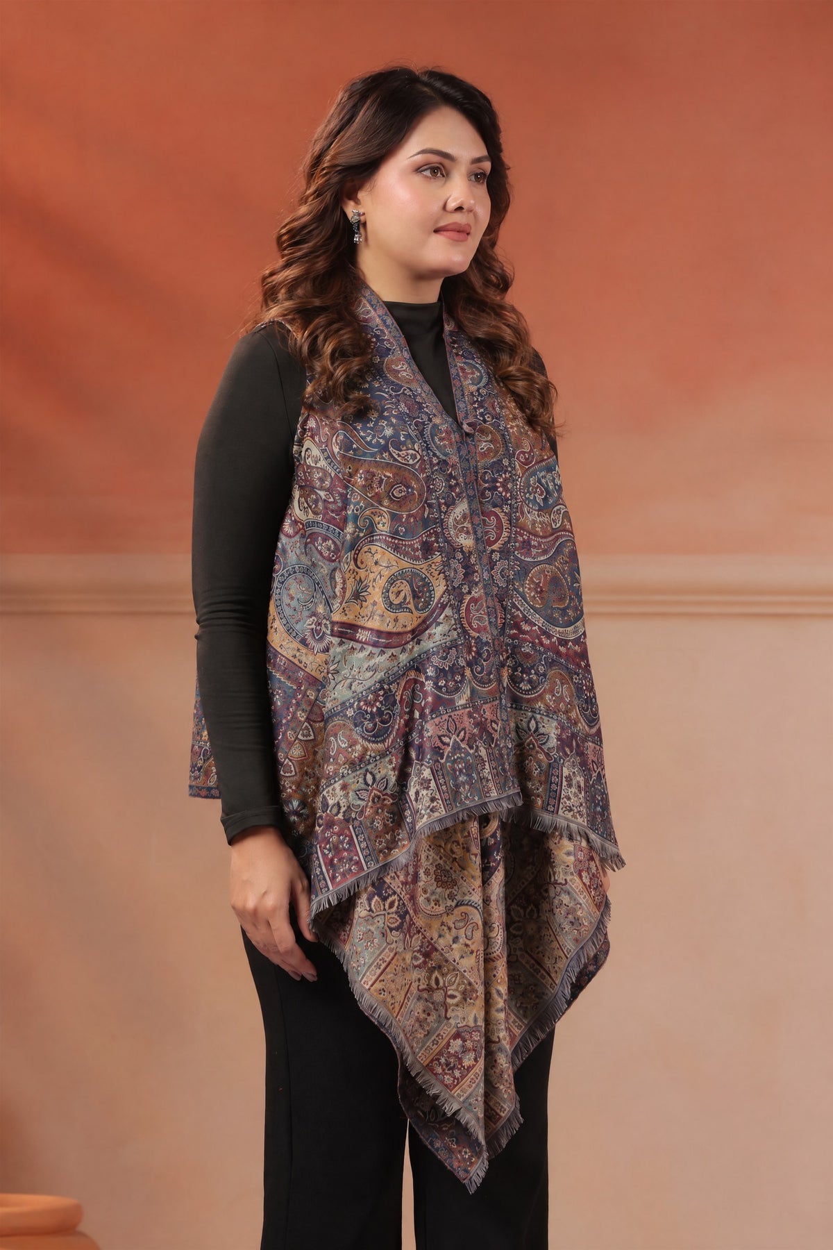 Women's Sleeveless Jamawar Pattern Shrug Cardigan | Blue Multicolour
